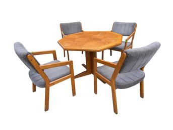 Mid-Century Modern Hexagonal Dining Table With Four Upholstered Armchairs