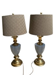 Pair Of Ceramic Urn Table Lamps With Brass Fittings And Gray Shades