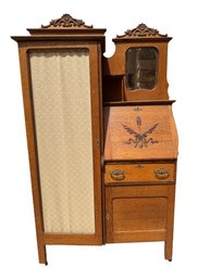 Oak Side-by-Side Secretary Bookcase With Carved Pediment