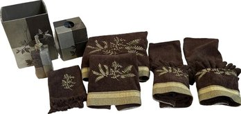 Bathroom Decor, Waste Basket, Soap Dispenser, Tissue Box Cover And Towels