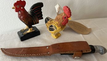 (two) Ceramic Rooster Decor And Knife 9in Long
