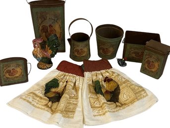 Rooster Metal Decor And Towels, Figures