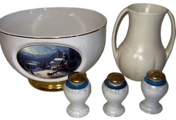 Thomas Kinkade Painter Of Light 'sunday Evening Sleigh Ride' Serving Bowl, Salt And Pepper Shakers And Pitcher