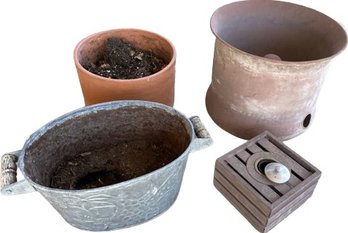 Two Outdoor Pots, Candle Holder & Garden Hose Pot.