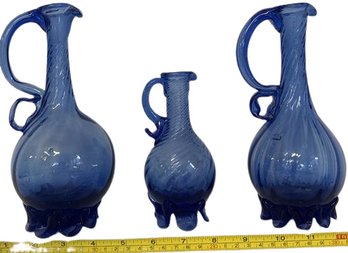 Set Of Three Blue Glass Pitchers/vase