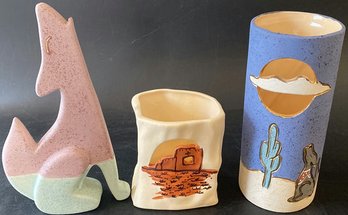 Howling Coyote, Square Planter New Mexico And Cylindrical Vase Ceramic Figurines