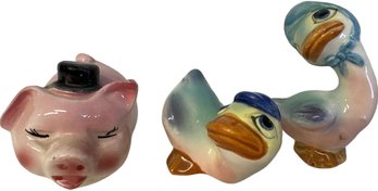 Ceramic Animal Figurines Pig And Two Ducks - Made In Japan