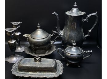 Variety Of Beautiful Vintage Tableware In Silver: Including Tea Set, Butter Dish, And More!