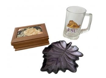 Lovely Floral Designed Jewelry Box, Large LSU Beer Mug, And Purple Glass Leaf Jewelry Holder