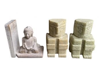 (2) Tiki Man Stone Figurines, Plus (1) Buddha Bookend