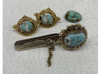Antique Clip, Plus Stunning Pair Of Earrings With Turquoise Color Bead, Plus Extra Bead
