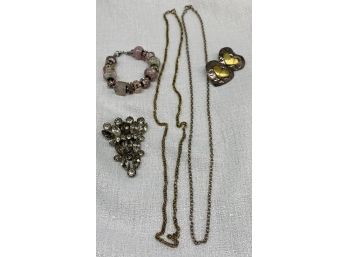 Two Long Chain Necklaces, Plus Pink Beaded Bracelet, Brooch And Pair Of Heart Earrings