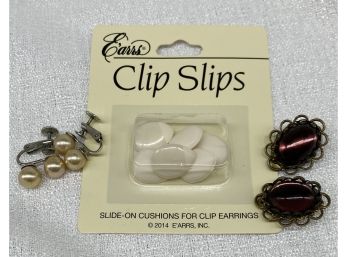 (2) Pairs Of Clip On Earrings, Plus Unopened Pack Of Clip Slips