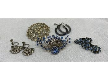 Two Brooches With Matching Earrings! Plus Extra Blue Beaded Hoop Earrings