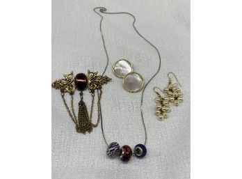 Beaded Necklace, Antique Brooch, And Two Lovely Pairs Of Earrings
