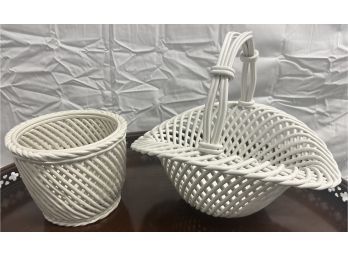White Lattice Ceramic Basket And Flower Pot