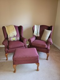 018 - TWO WINGBACK CHAIRS AND OTTOMAN - MEASUREMENTS PICTURED