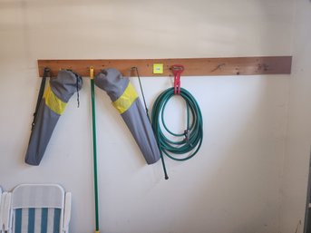 106 - GARDEN HOSE, PUSH BROOM, AND TWO FOLDING CAMPING CHAIRS WITH BAGS