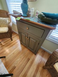 062 - GREEN WOOD CONSOLE TABLE WITH WOOD TOP & SINGLE DRAWER
