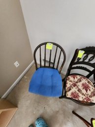 119 - BLACK WINDSOR-STYLE CHAIR WITH BLUE SEAT CUSHION