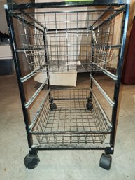 042 - BLACK METAL THREE-TIER ROLLING BASKET CART