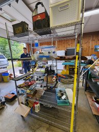 104 - ALL CONTENTS ON METAL SHELF - INCLUDES VINTAGE AMO BOX AND MORE - SEE ALL PICS