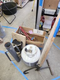 103 - PROPANE TANK - DIGGING POST - BOX FULL OF ITEMS AND MORE
