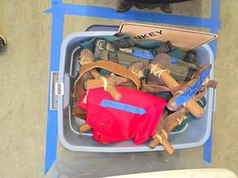 089 - BIN OF HORSE TACK, HALTERS, AND LEAD ROPES