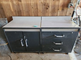 163 - WORK BENCH -  BLACK METAL GARAGE STORAGE CABINETS WITH STAINLESS STEEL WORKTOP