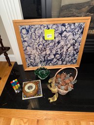 019 - MISCELLANEOUS DECOR LOT  RUBIKS CUBE, CLOCK TILE, BASKET OF SQUIRRELS & MORE