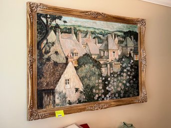 038 - LARGE FRAMED VINTAGE VILLAGE LANDSCAPE PAINTING WITH ORNATE GOLD FRAME