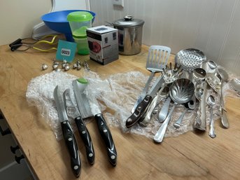 023 - MIXED KITCHEN UTENSILS, KNIVES, BOWLS, CANNING TONGS, AND MORE