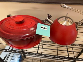 024 - TWO PC RED ENAMOL CAST IRON COOKWARE