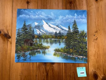 069 - LANDSCAPE PAINTING FEATURING MOUNTAINS, A LAKE, TREES