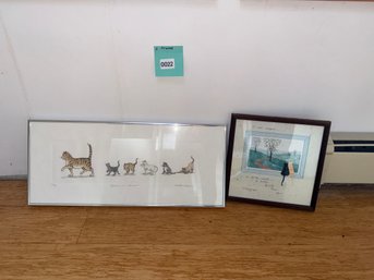 022 - Pair Of Framed Cat And Scenic Prints