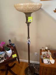 003 - VINTAGE BRONZE TORCHIERE FLOOR LAMP WITH EMBOSSED GLASS SHADE