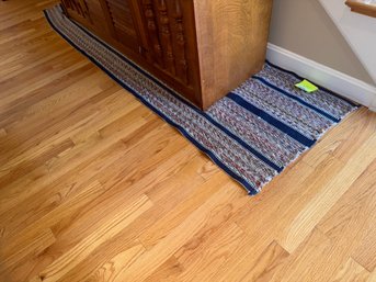 006 - WOVEN STRIPED AREA RUG  BLUE, RED & BEIGE PATTERN