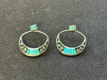 Vintage Southwestern-style Or Mexican Sterling Silver Hoop Earrings Featuring Turquoise Inlay