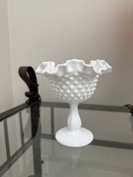 Vintage Fenton Art Glass White Milk Glass Hobnail Compote With Ruffled Rim And A Pedestal Base
