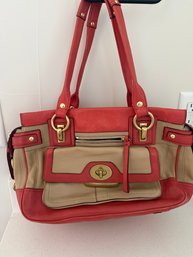 Coral & Putty Leather Coach Penelope Spectator Large Tote Featuring Goldtone Hardware Signature Front Turnlock