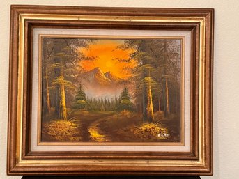 Framed Landscape Oil Painting Featuring A Glowing Sunset