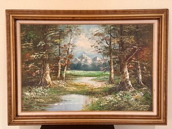 Oil Painting Depicting A Woodland And Mountain River Landscape