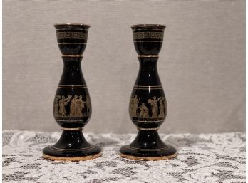 Greek Black And 24k Gold Candle Sticks And Salt And Pepper