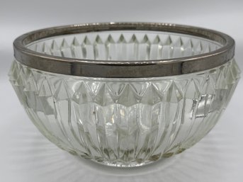 Vintage Cut Crystal Serving Bowl With Silver Toned Rim