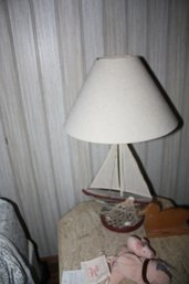 Vintage Nautical Sailboat Table Lamp With Fabric Shade And Wooden Base