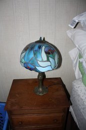 Tiffany-Style Blue Stained Glass Table Lamp With Floral Shade And Bronze Base