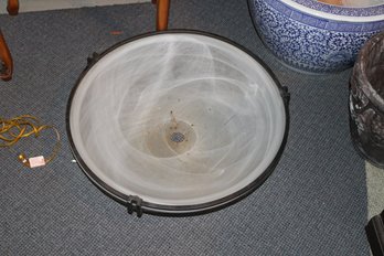 Vintage Alabaster Swirl Glass Bowl Light Shade With Bronze Trim Ring