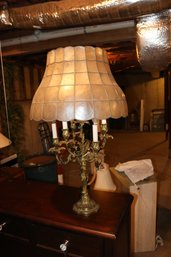 Vintage Hollywood Regency Style Brass Candelabra Capiz Shell Table Lamp