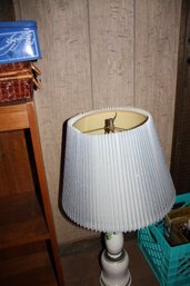 Vintage Porcelain Table Lamp With Hand-Painted Green Ivy Design And Pleated Shade