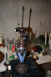 Tiffany-Style Victorian Double-Lit Blue Stained Glass Table Lamp